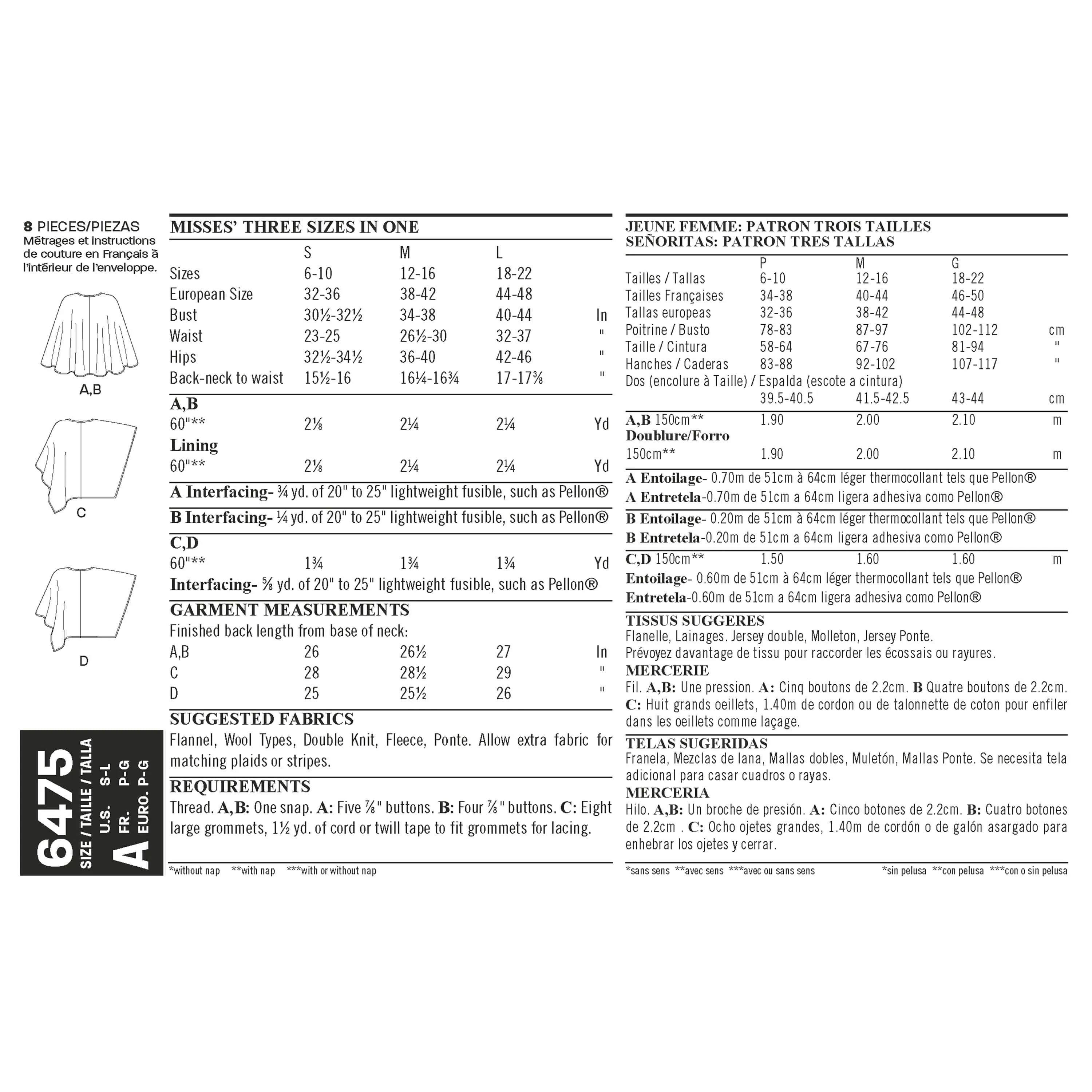 6475 New Look Pattern 6475 Misses' Easy Poncho and Cape