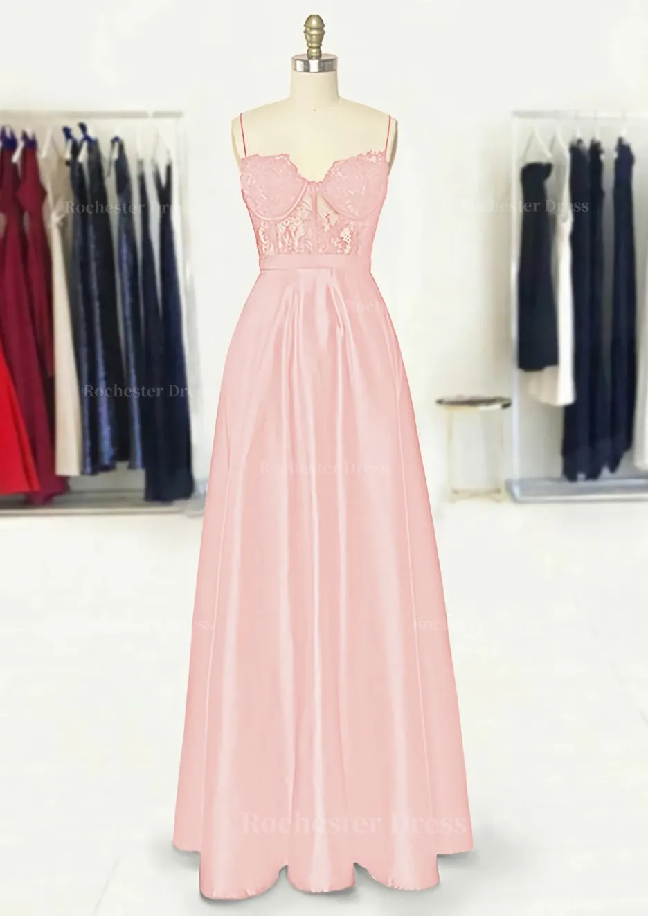 A-line Sweetheart Spaghetti Straps Long/Floor-Length Satin Prom Dress With Appliqued Pockets