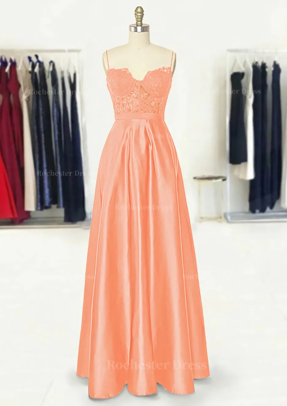 A-line Sweetheart Spaghetti Straps Long/Floor-Length Satin Prom Dress With Appliqued Pockets