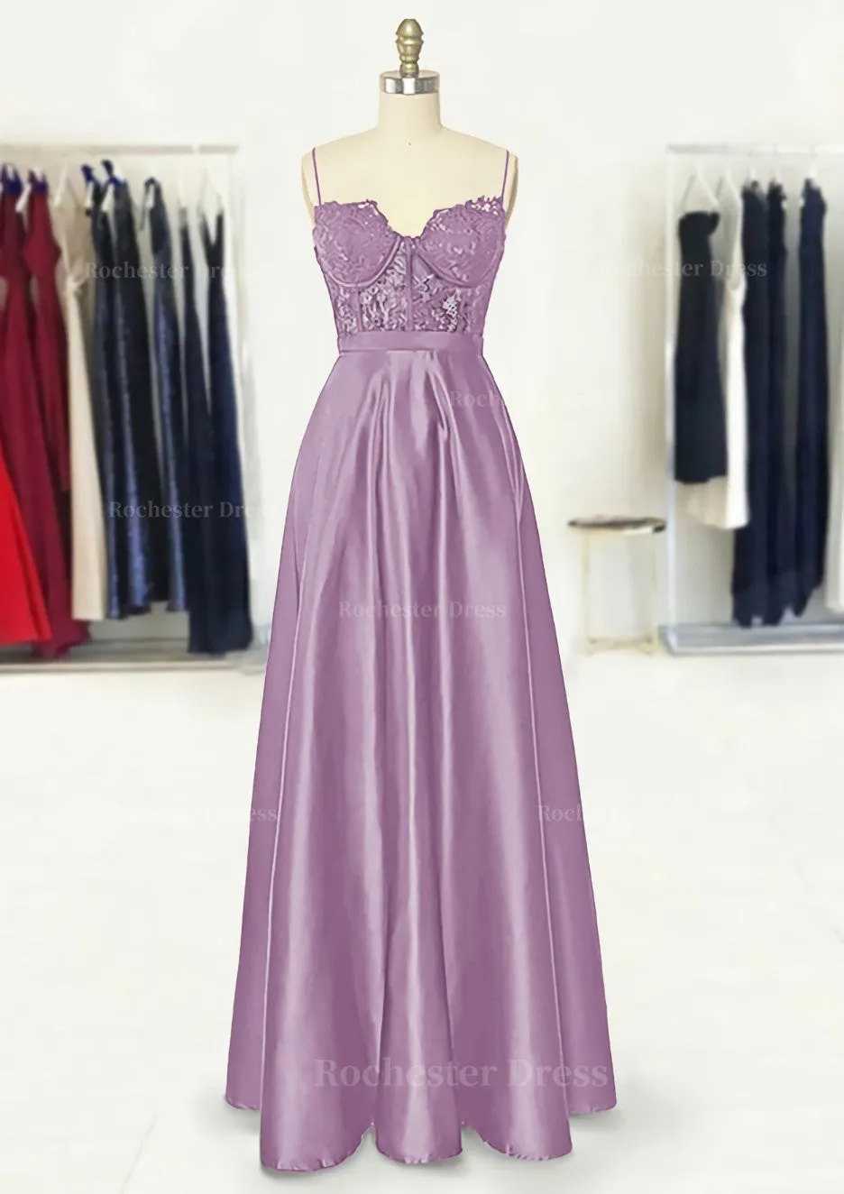 A-line Sweetheart Spaghetti Straps Long/Floor-Length Satin Prom Dress With Appliqued Pockets