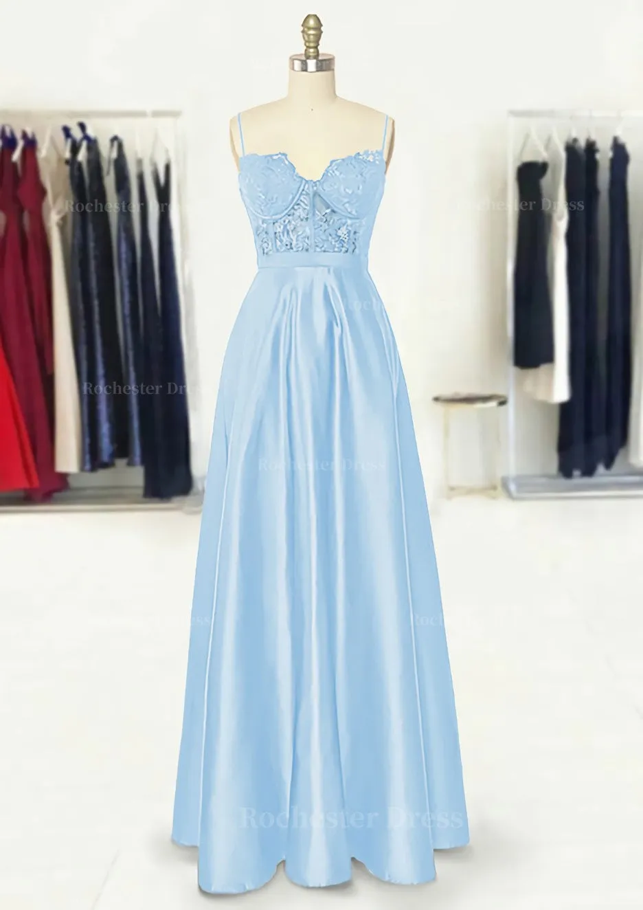 A-line Sweetheart Spaghetti Straps Long/Floor-Length Satin Prom Dress With Appliqued Pockets