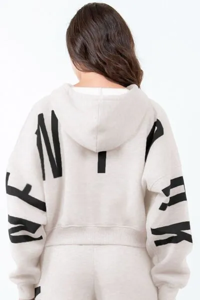 American Bazi Letter Graphic Long Sleeve Drawstring Cropped Hoodie