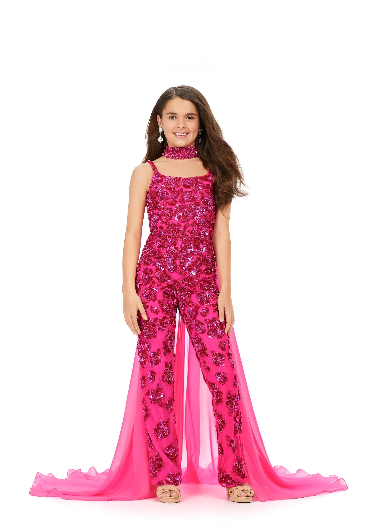 Ashley Lauren Kids 8190 Size 16 Red Beaded With Beaded Choker And Chiffon Cape Jumpsuit