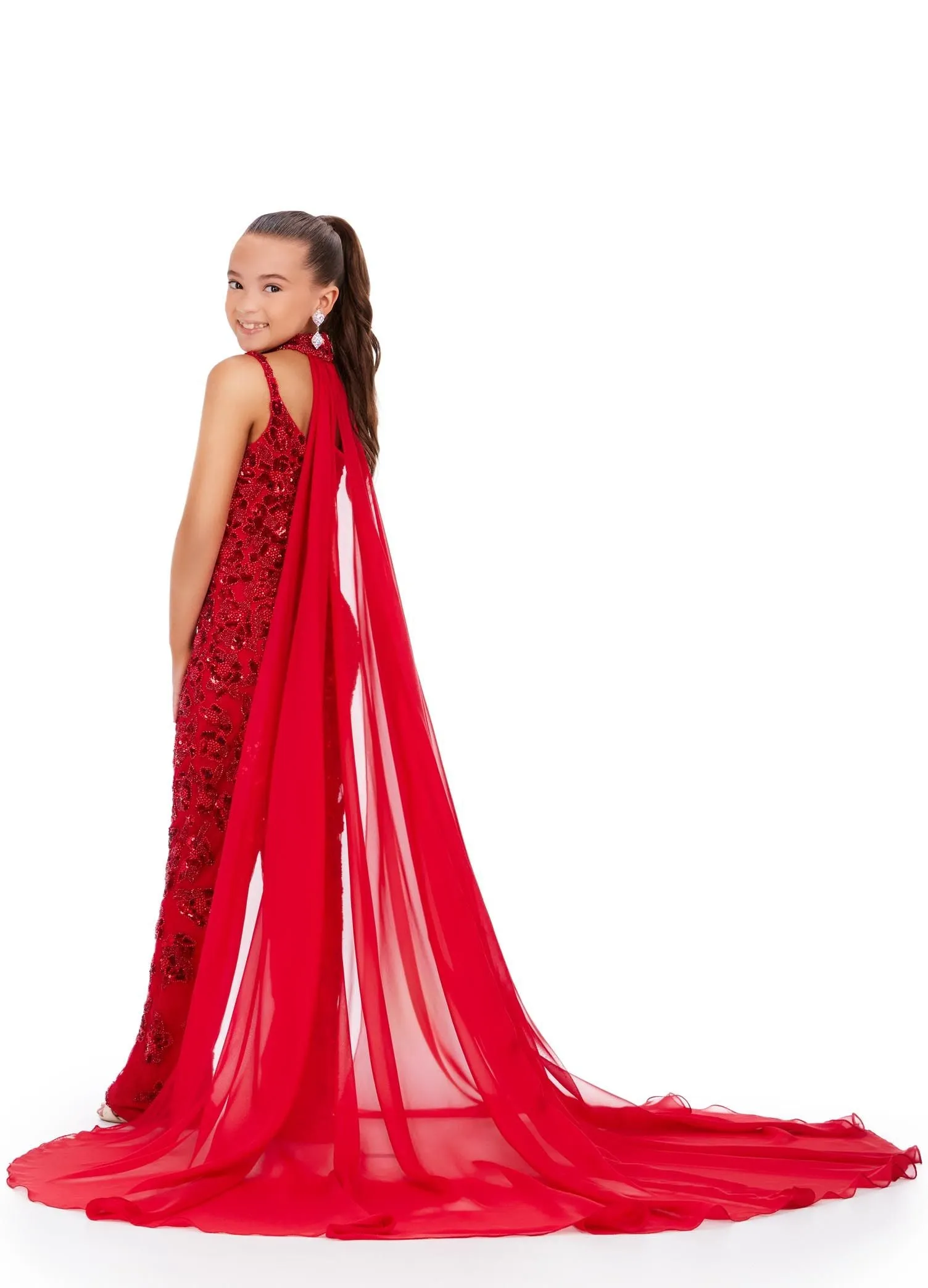 Ashley Lauren Kids 8190 Size 16 Red Beaded With Beaded Choker And Chiffon Cape Jumpsuit