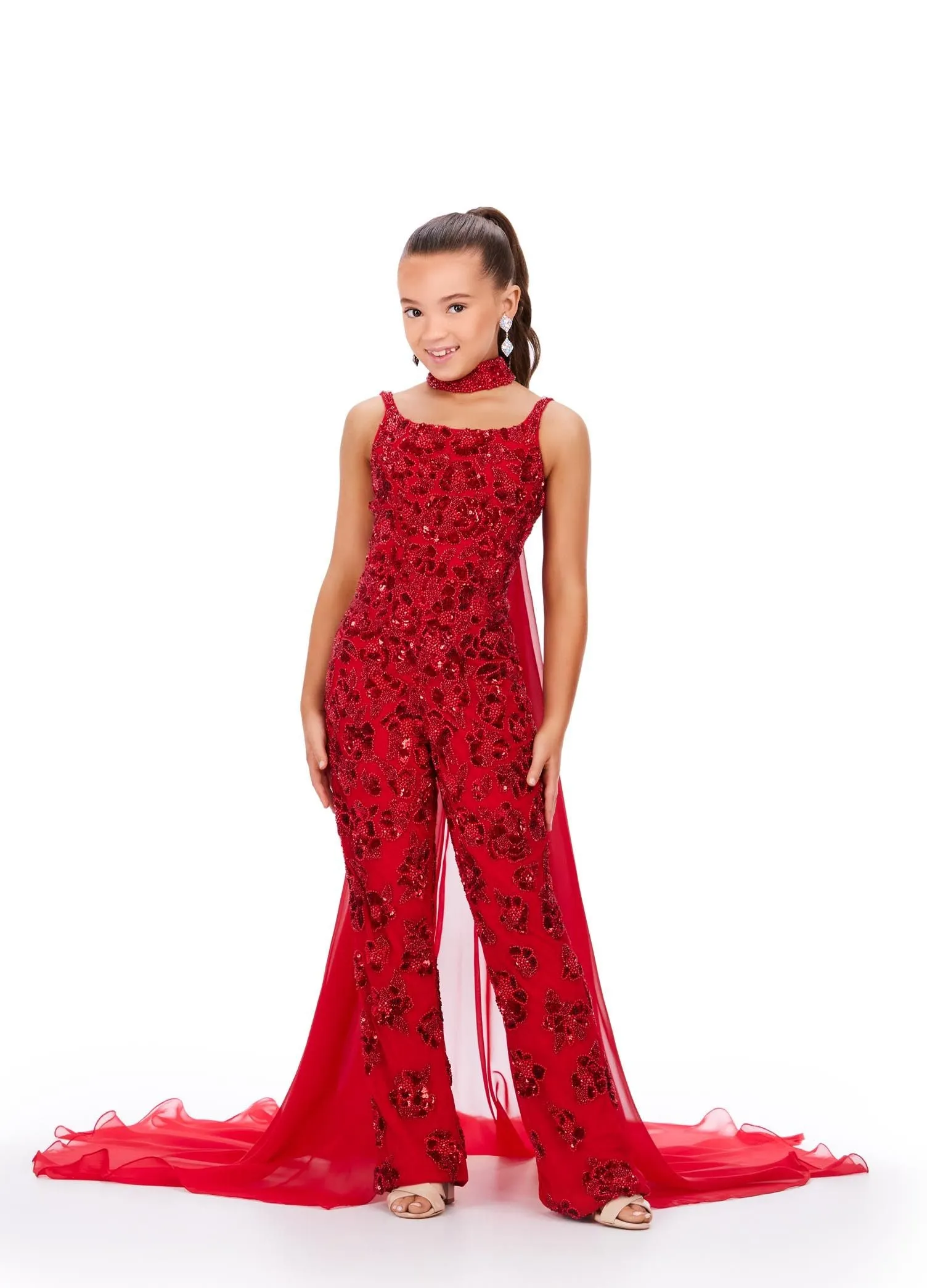 Ashley Lauren Kids 8190 Size 16 Red Beaded With Beaded Choker And Chiffon Cape Jumpsuit