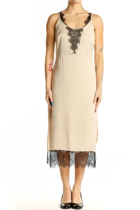 Beige Lace-Trimmed Midi Slip Dress