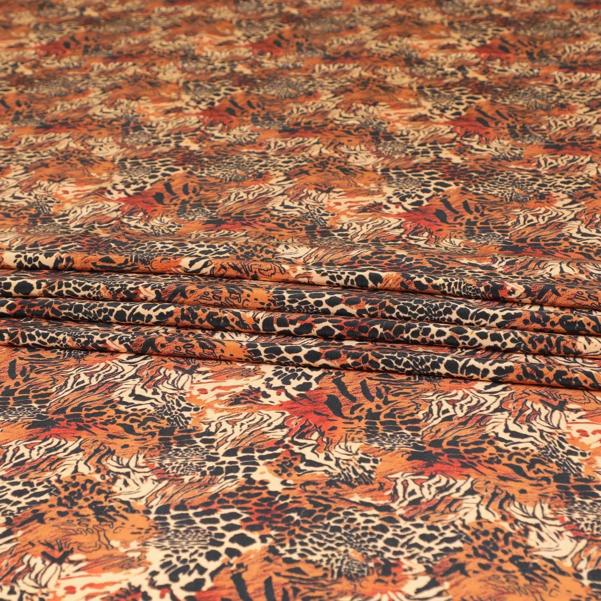 Beige premium pure silk crepe fabric with rust and black print in animal skin design-D9390