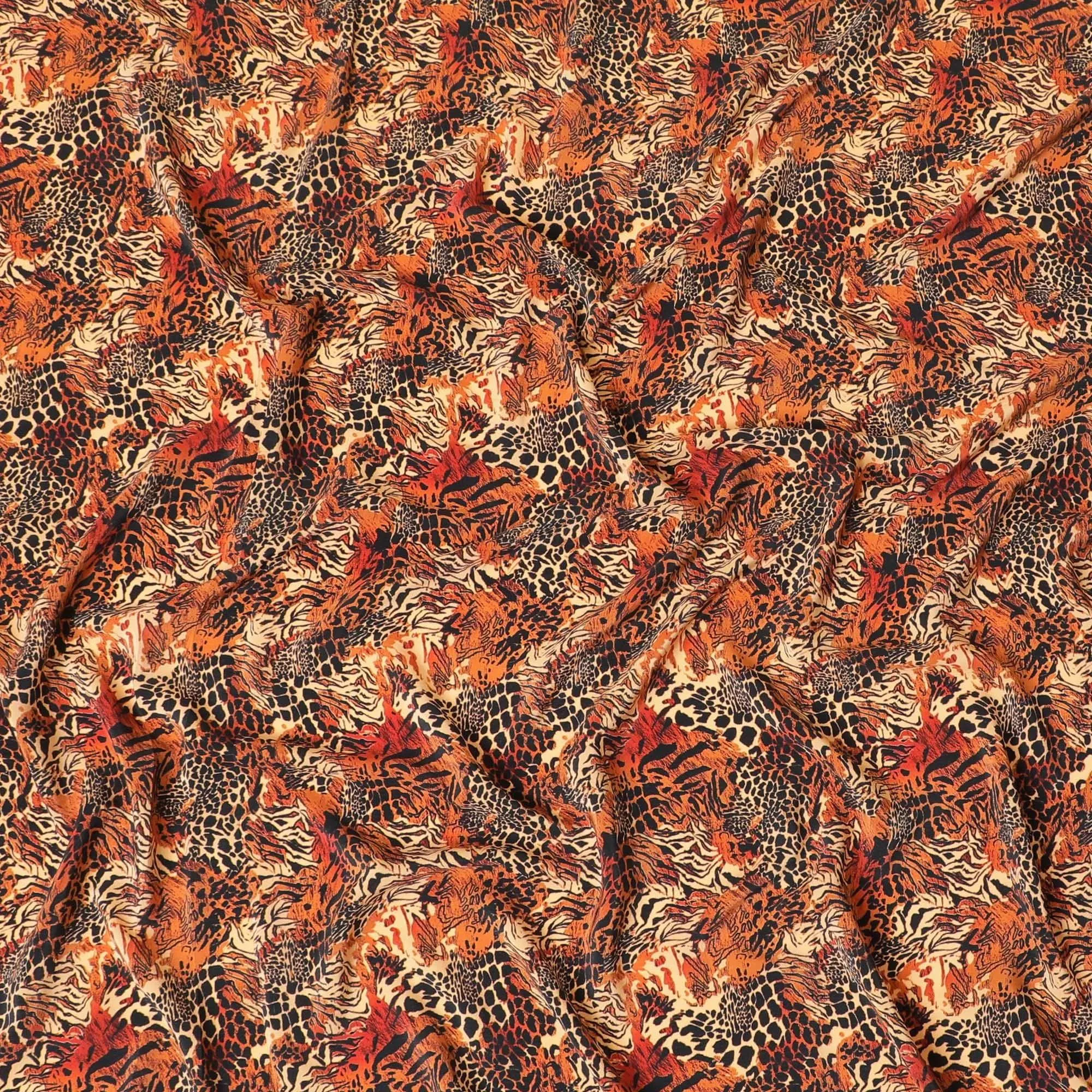 Beige premium pure silk crepe fabric with rust and black print in animal skin design-D9390