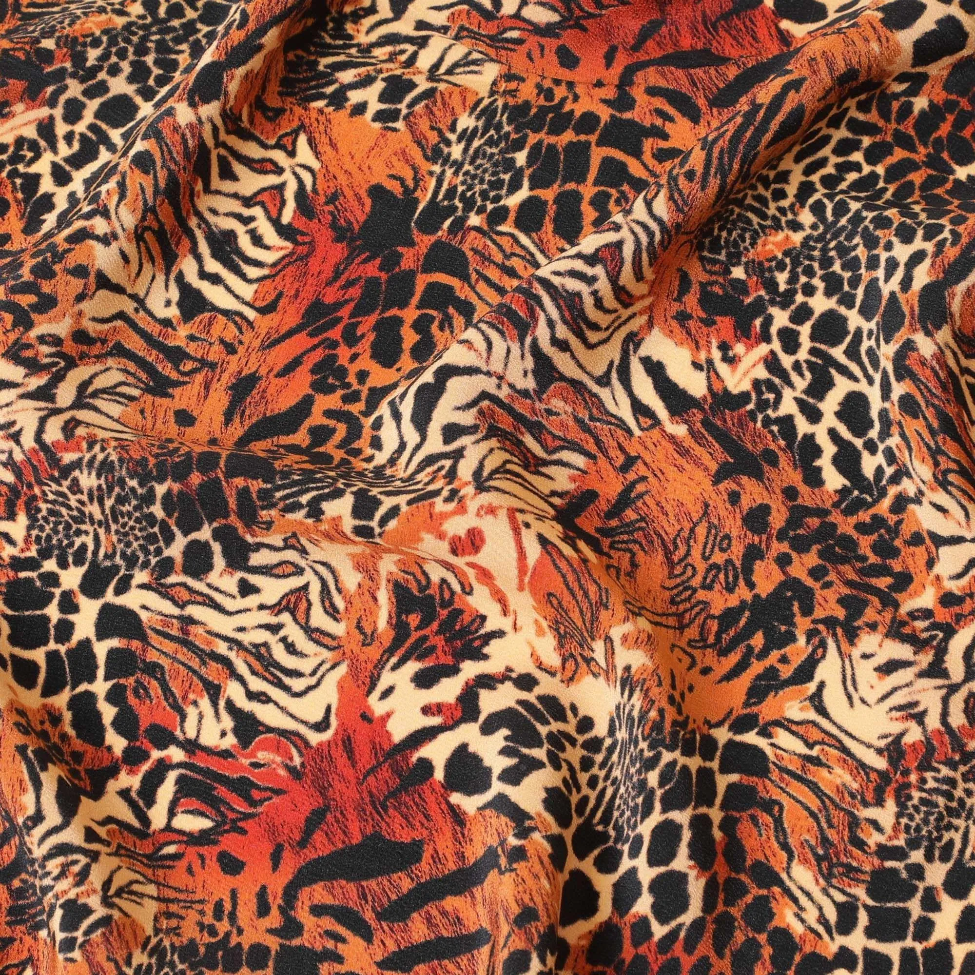 Beige premium pure silk crepe fabric with rust and black print in animal skin design-D9390