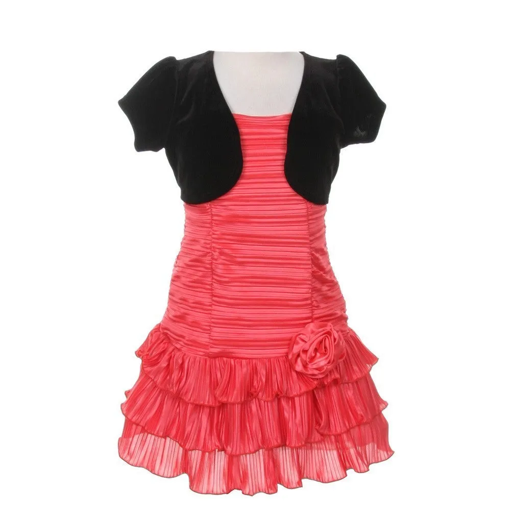 Big Girls Coral Black Pleated Tiered Velveteen Bolero 2 Pc Dress Outfit 8-14