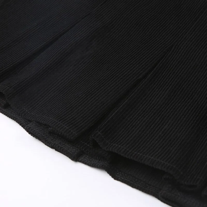 Black Corduroy High-Waist Pleated Mini Skirt