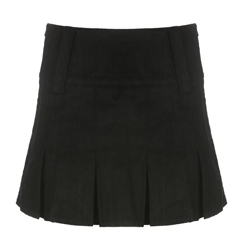 Black Corduroy High-Waist Pleated Mini Skirt