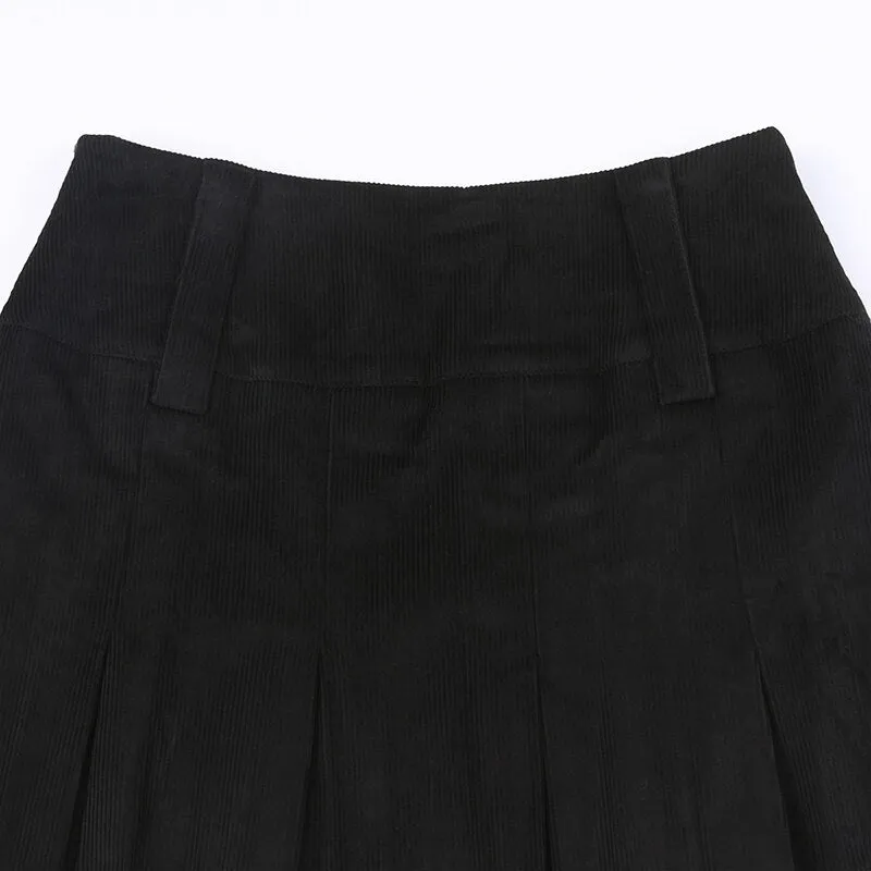 Black Corduroy High-Waist Pleated Mini Skirt