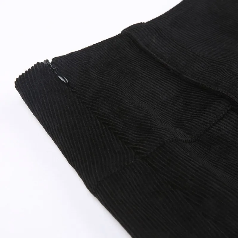 Black Corduroy High-Waist Pleated Mini Skirt