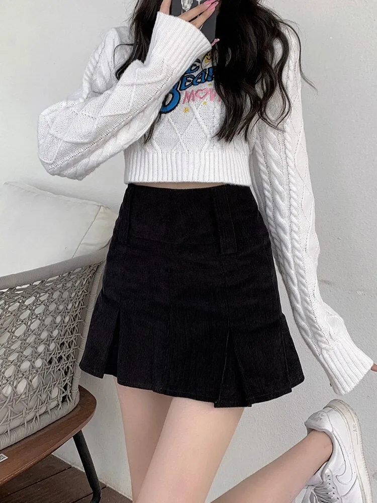 Black Corduroy High-Waist Pleated Mini Skirt