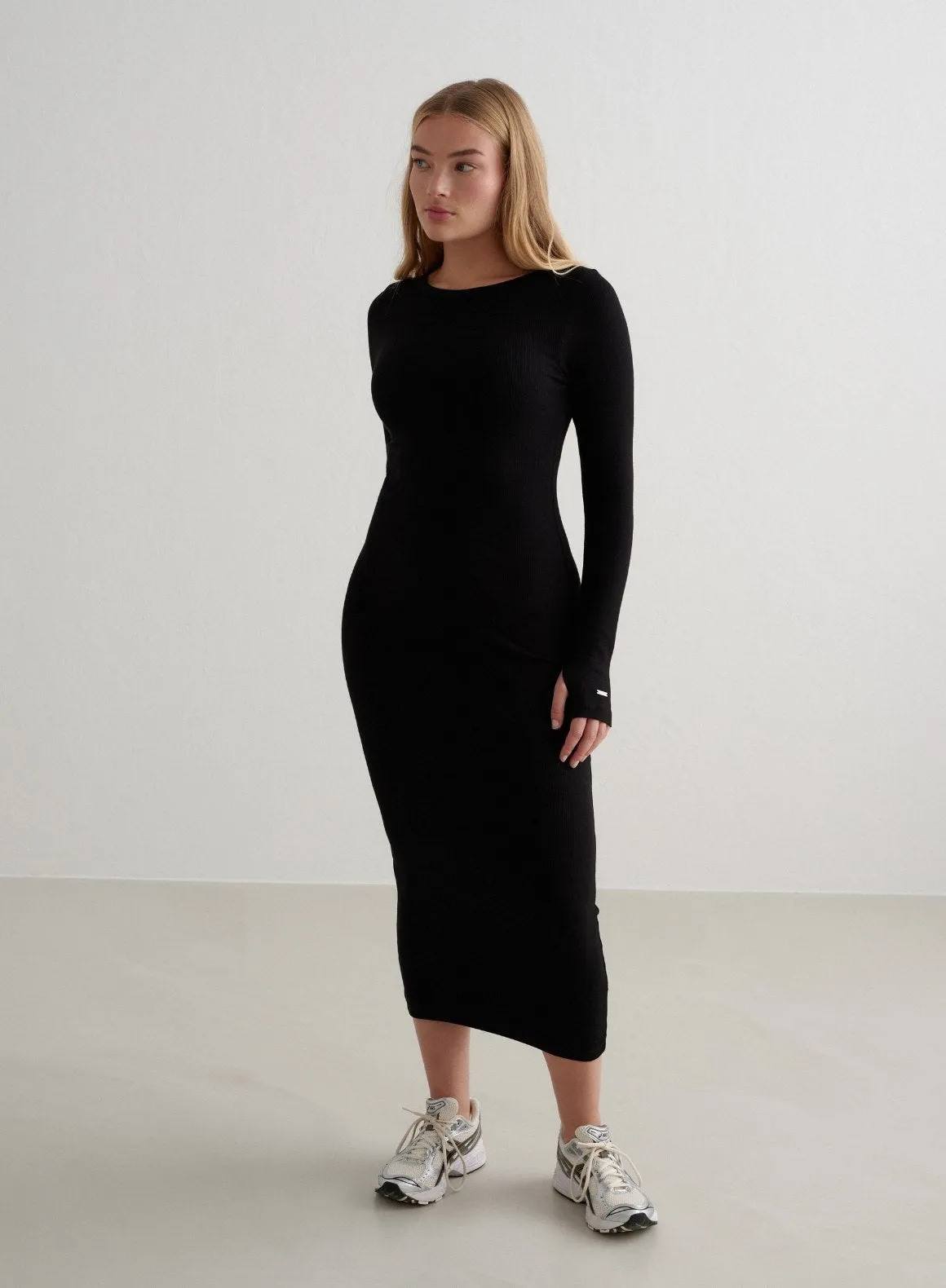 Black Ease Ribbed Long Sleeve Dress