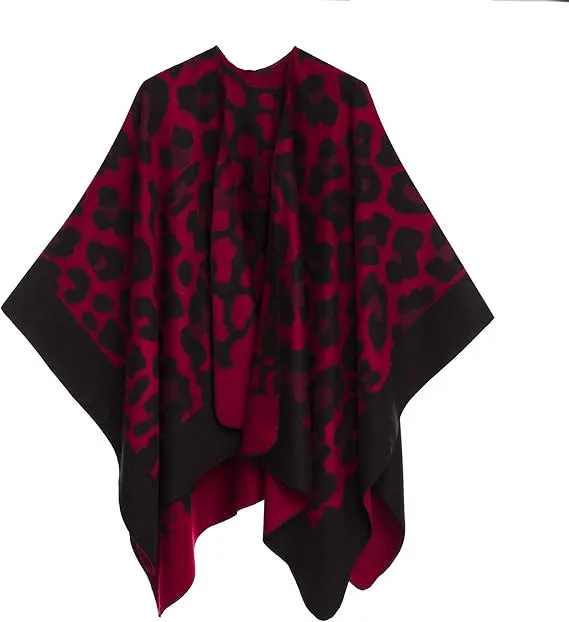 Black-Red Luxurious Knit Sweater Poncho Cardigan