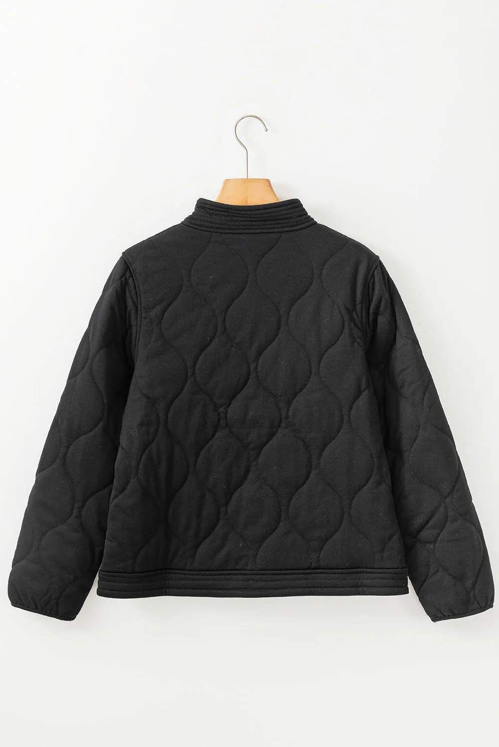 Black Solid Color Quilted Snap Button Jacket