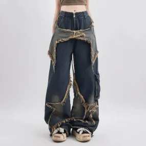 Bonnyshow Y2K Vintage Women Denim Jeans Korean Streetwear Oversize Star Aesthetic Straight Trousers Wide Leg Jeans Grunge Pants Clothes