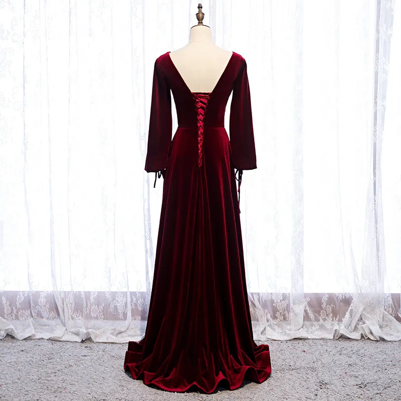 Burgundy Velvet Long Sleeves A-line Prom Dress, Long Simple Bridesmaid Dresses