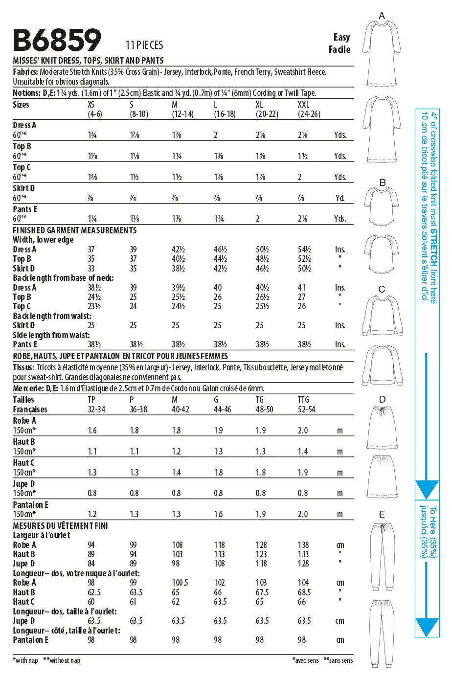 Butterick Pattern B6859 Misses' Knit Dress, Tops, Skirt and Pants