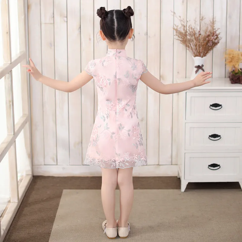 Cap Sleeve Cheongsam Top Pleated Skirt Floral Lace Girl's Chinese Dress