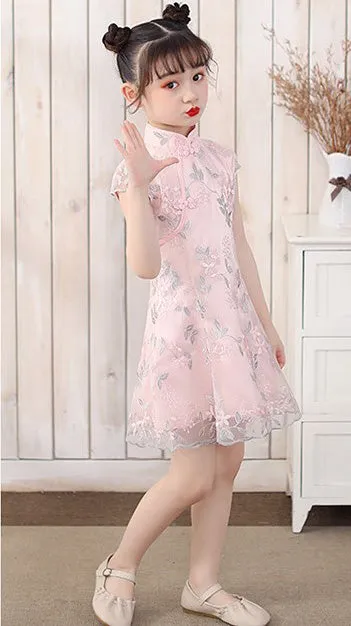 Cap Sleeve Cheongsam Top Pleated Skirt Floral Lace Girl's Chinese Dress