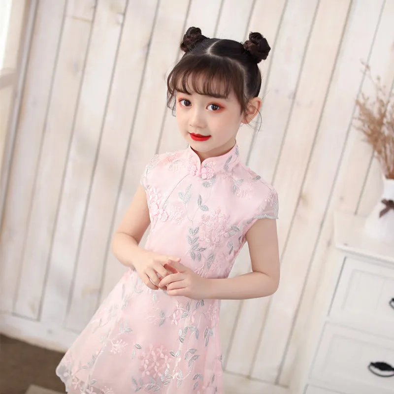 Cap Sleeve Cheongsam Top Pleated Skirt Floral Lace Girl's Chinese Dress