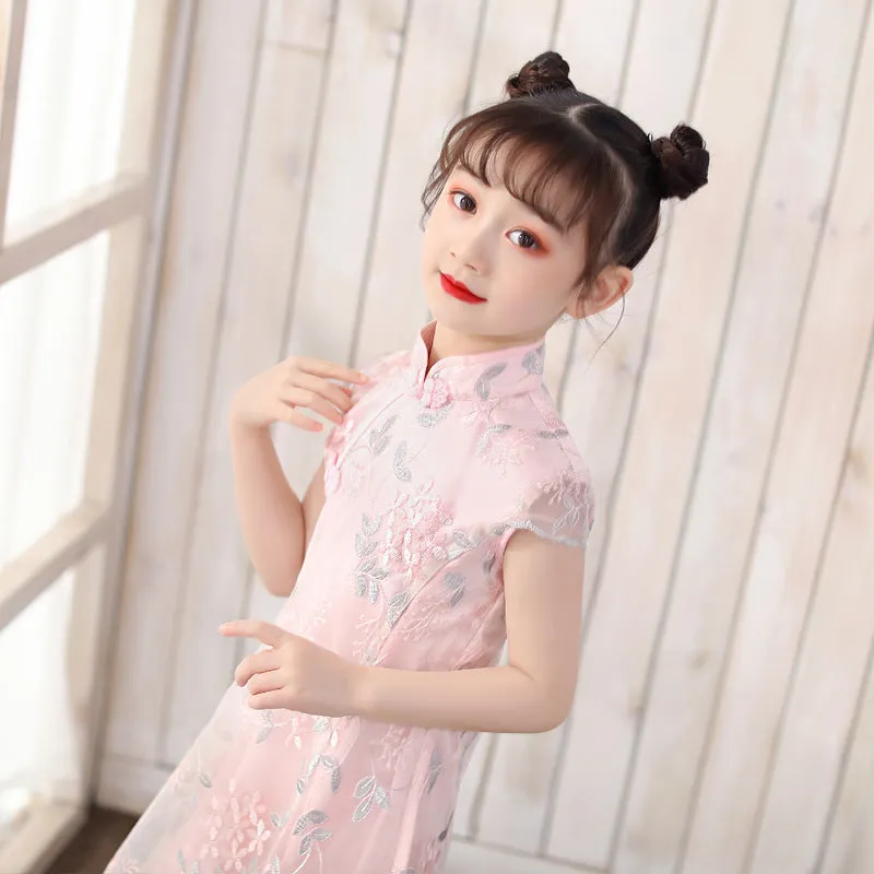 Cap Sleeve Cheongsam Top Pleated Skirt Floral Lace Girl's Chinese Dress