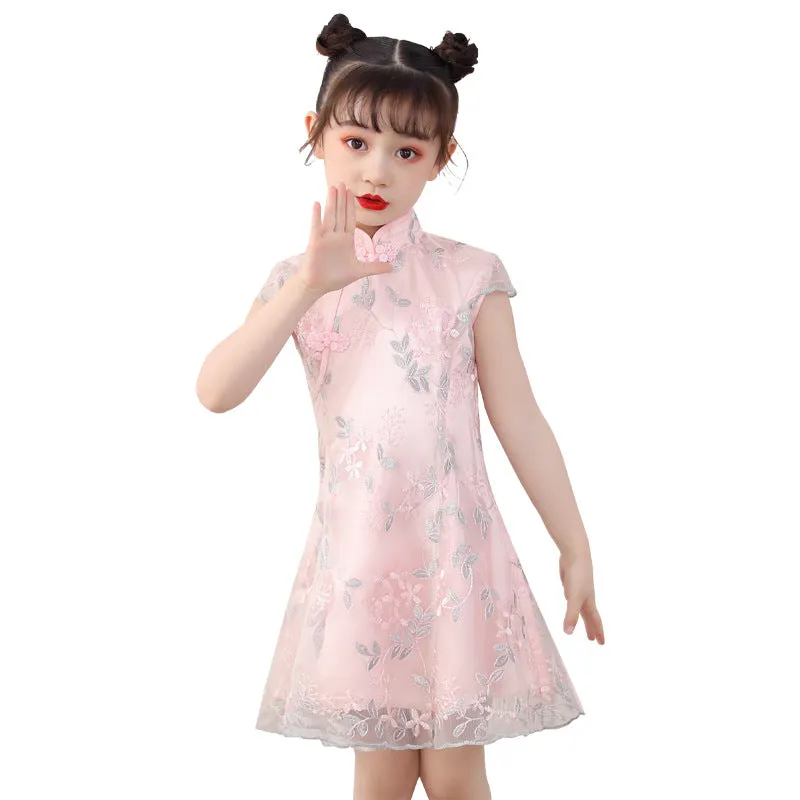 Cap Sleeve Cheongsam Top Pleated Skirt Floral Lace Girl's Chinese Dress