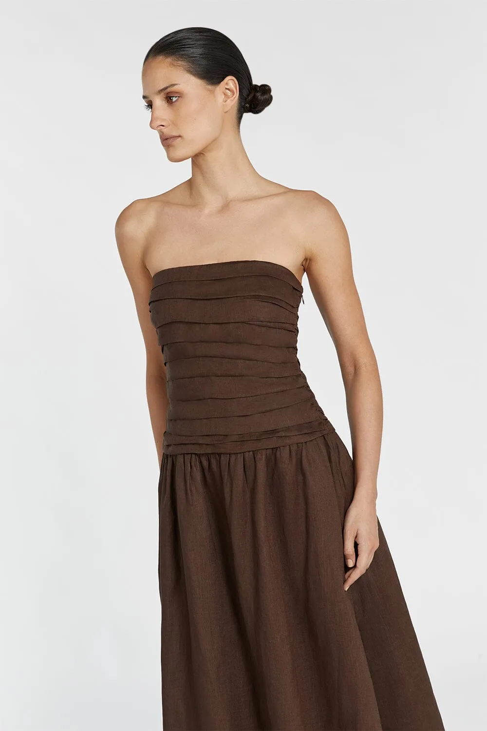 CATANIA BITTER CHOC LINEN STRAPLESS MIDI DRESS