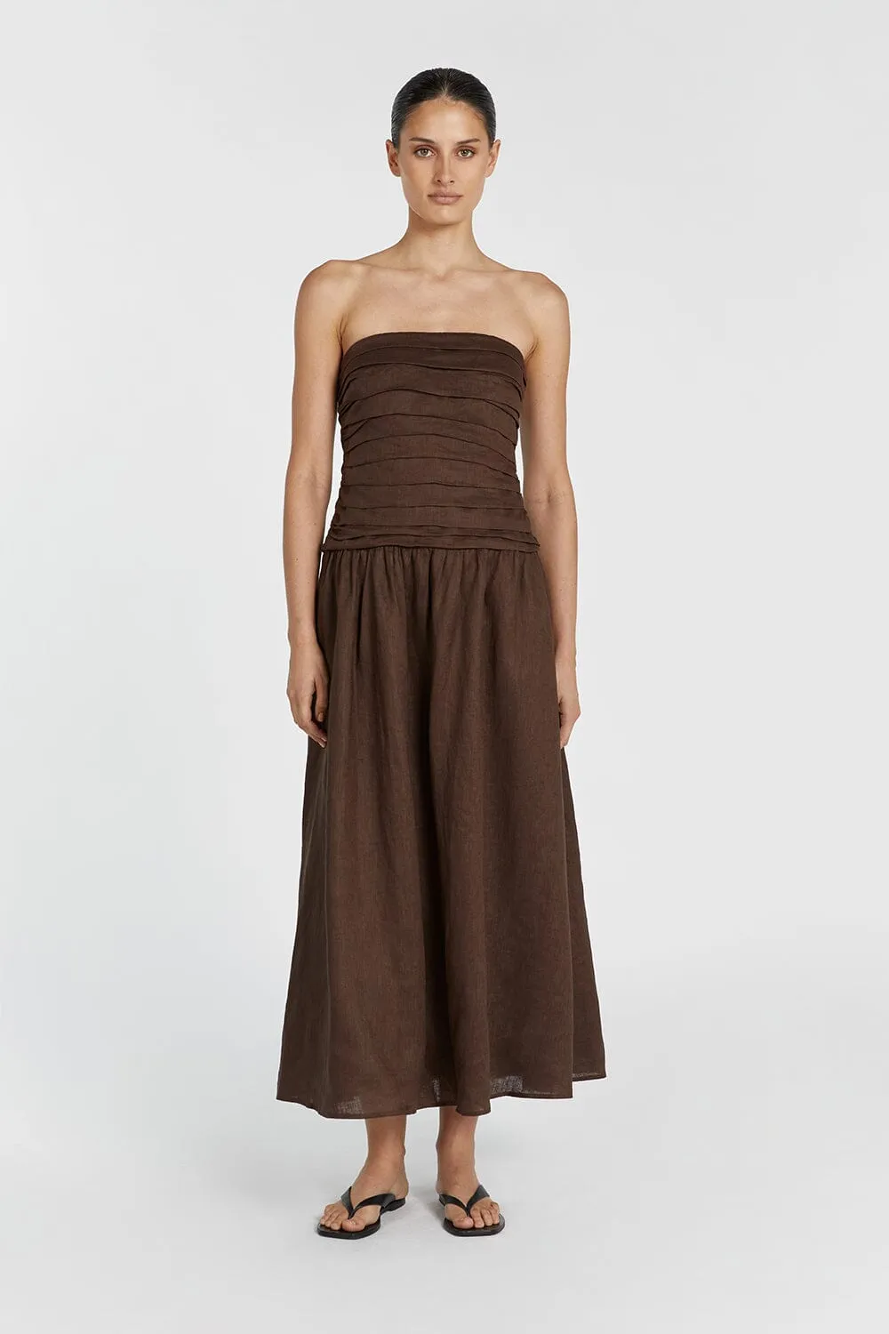 CATANIA BITTER CHOC LINEN STRAPLESS MIDI DRESS