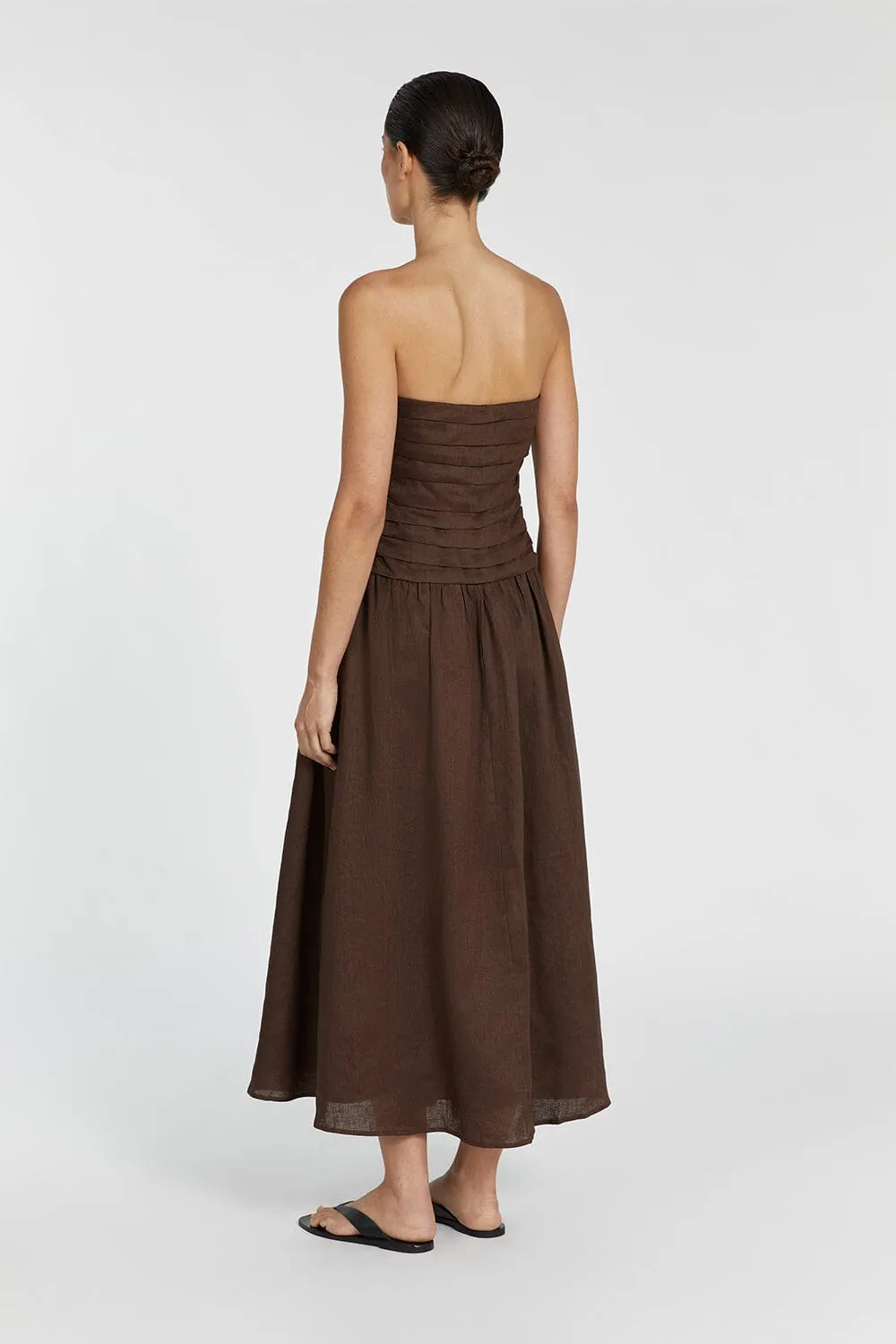 CATANIA BITTER CHOC LINEN STRAPLESS MIDI DRESS