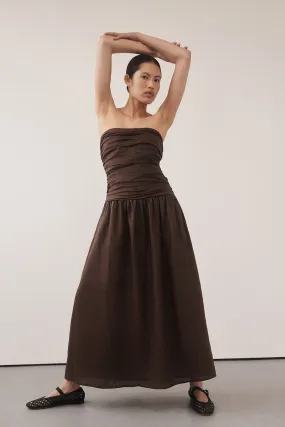 CATANIA BITTER CHOC LINEN STRAPLESS MIDI DRESS