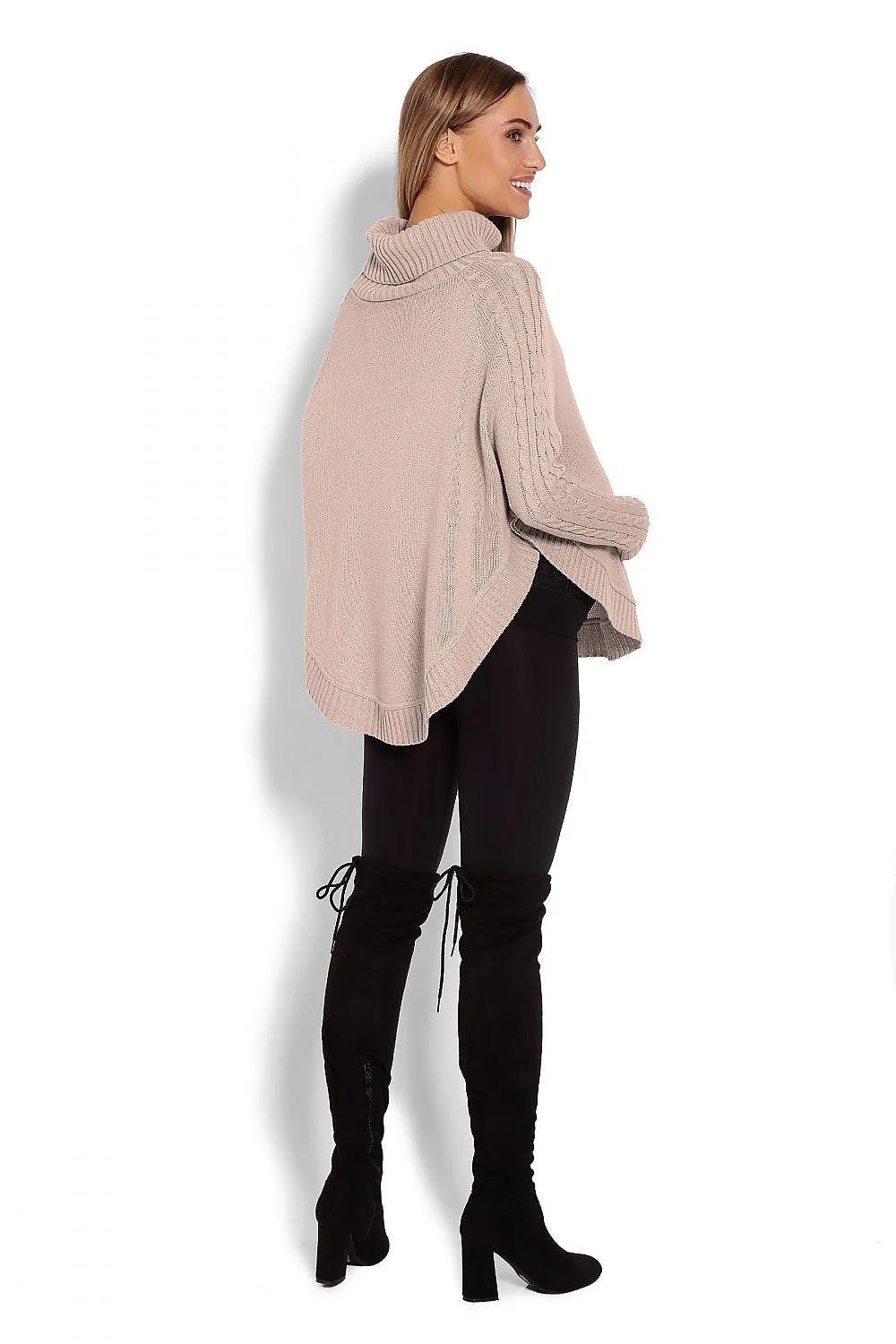 Chic Braided Sleeve Turtleneck Poncho with Flattering Rounded Hem