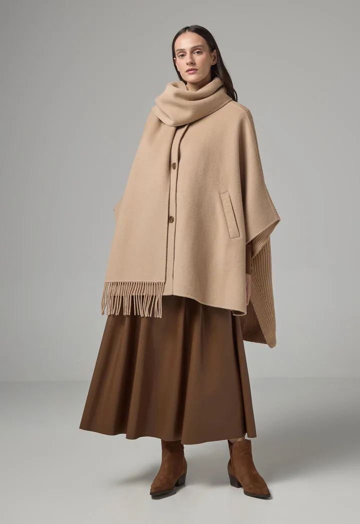 Choice Winter Wool Poncho With Non Detachable Scarf Beige