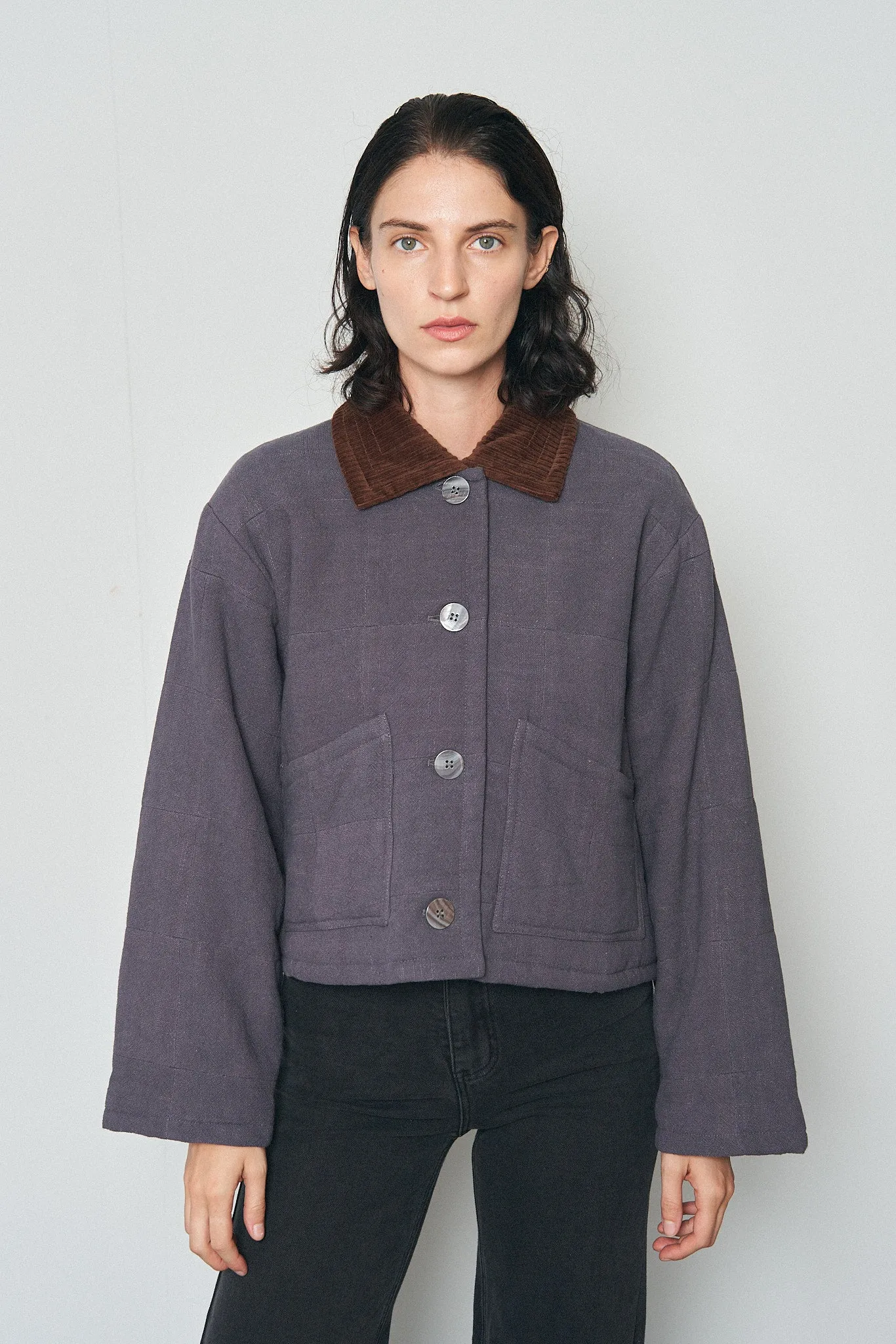 Cord Collar Charcoal Linen Quilted Barn Jacket