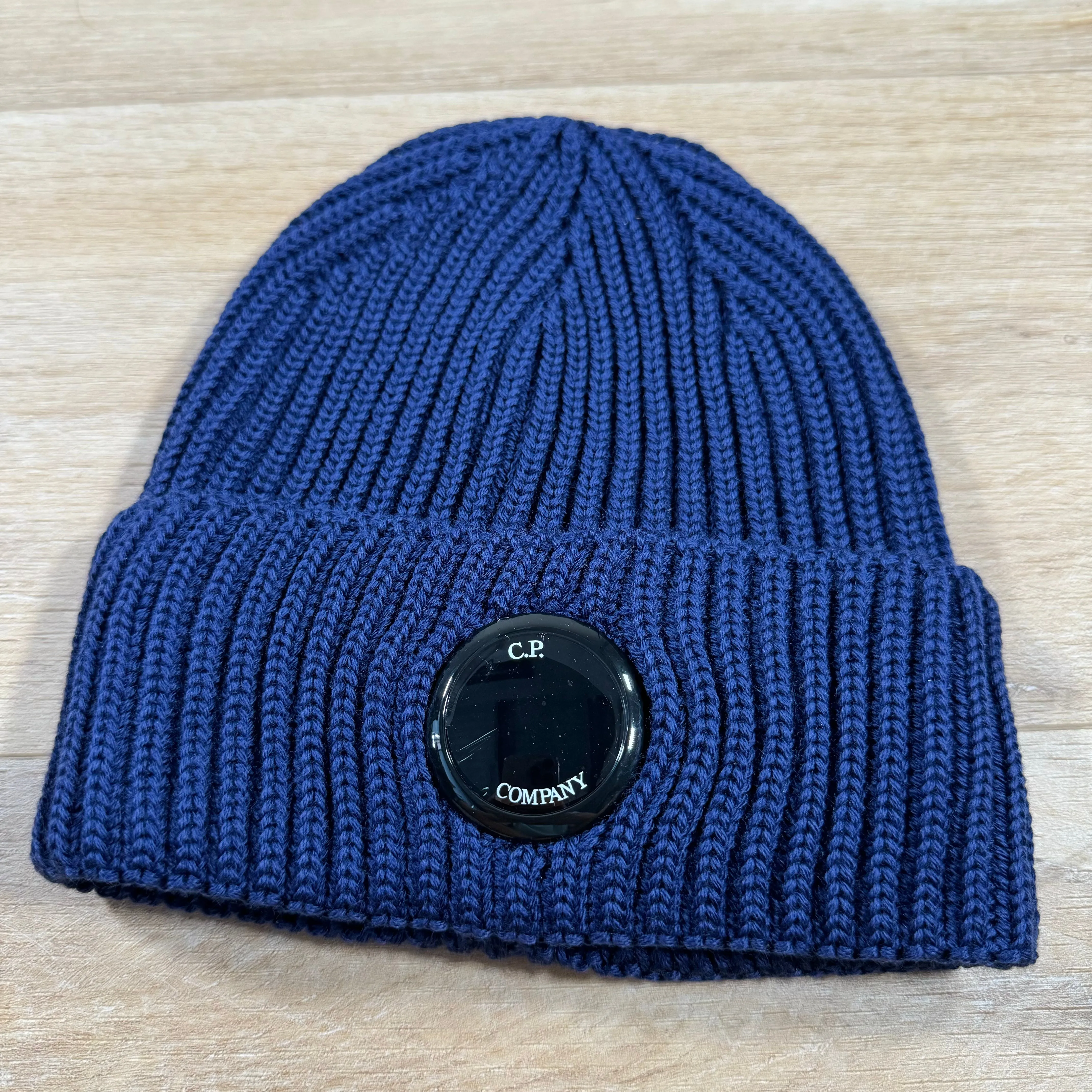 C.P. Company Extra Fine Merino Wool Lens Beanie in Estate Blue