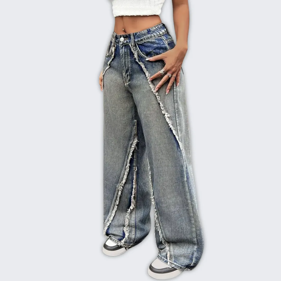 Distressed Wide-Leg Denim Jeans with Unique Stitching