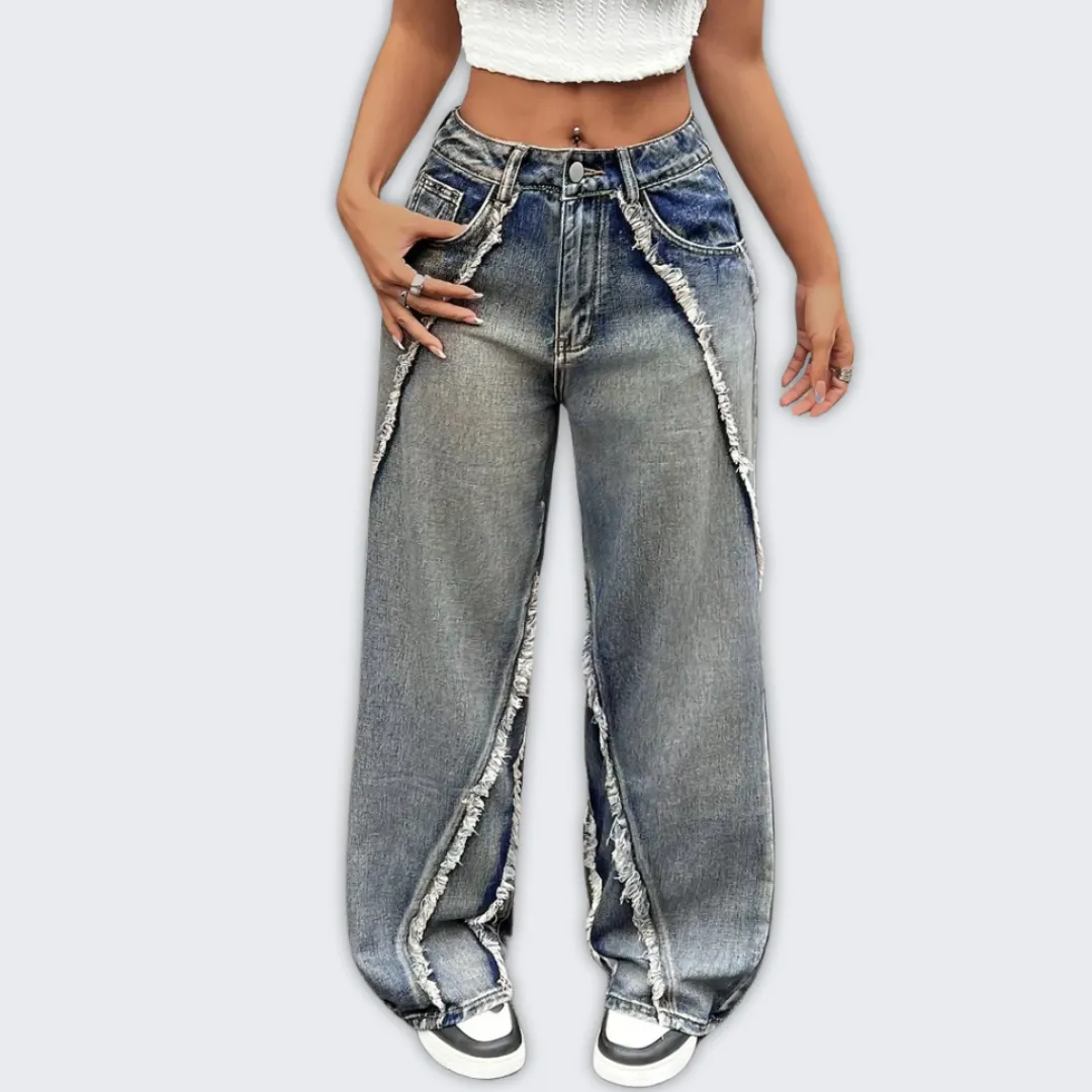 Distressed Wide-Leg Denim Jeans with Unique Stitching