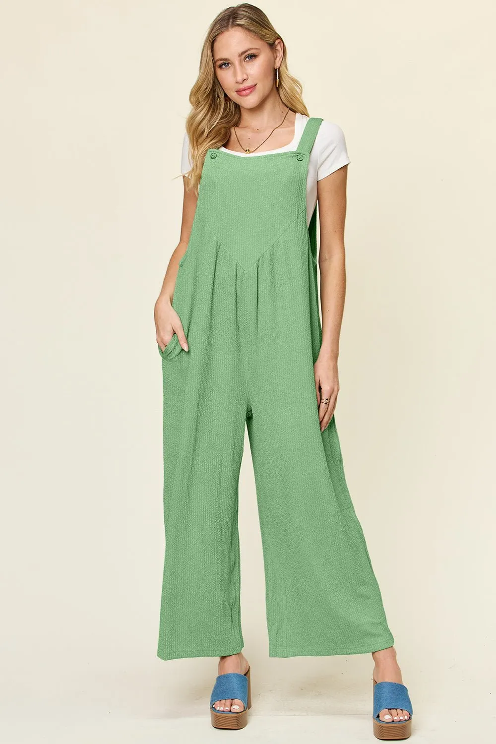 Double Take Full Size Texture Sleeveless Wide Leg Overall