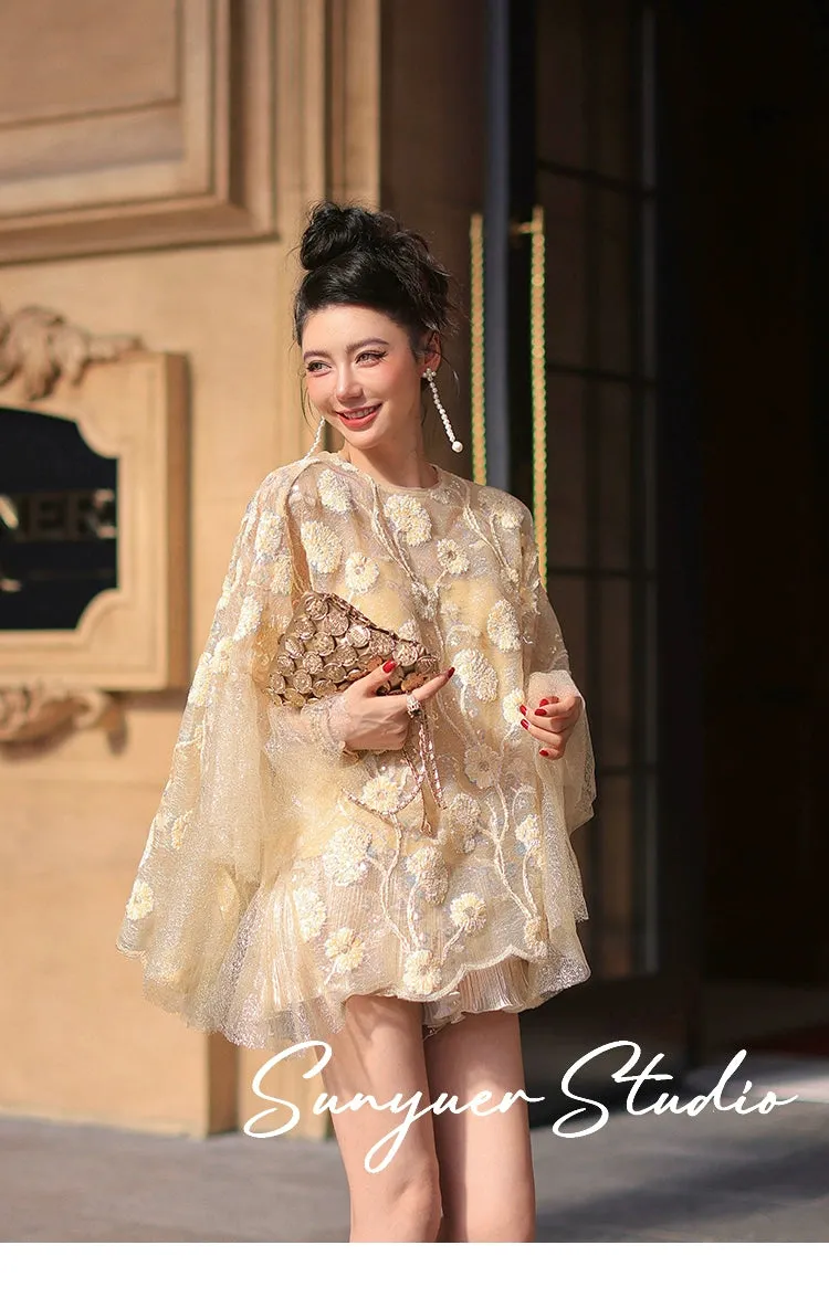 Exquisite Three-dimensional flower cape top   gilt wavy short suit set - Ilyia