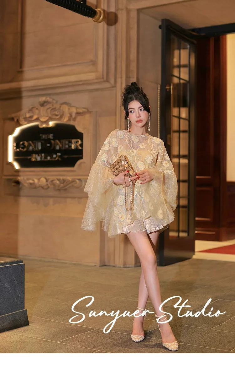 Exquisite Three-dimensional flower cape top   gilt wavy short suit set - Ilyia