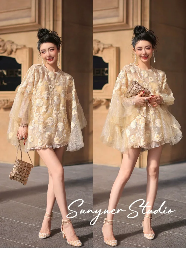 Exquisite Three-dimensional flower cape top   gilt wavy short suit set - Ilyia