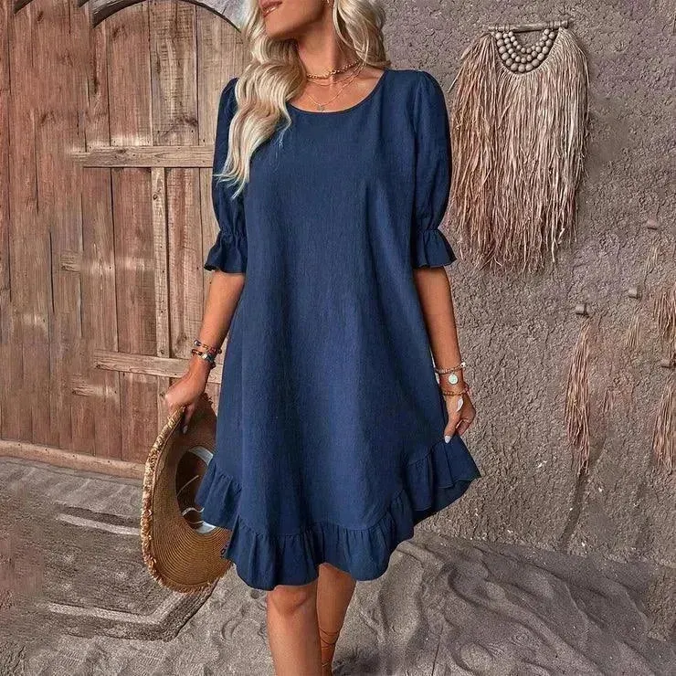 Fashion Ruffle Short-sleeved Dress Summer Solid Color Round Neck Loose Midi  Straight Dress for Women.