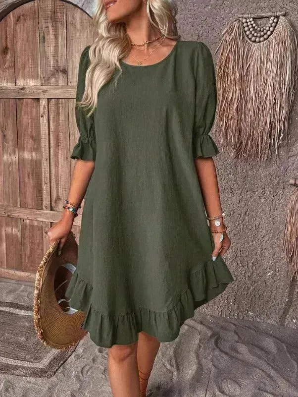 Fashion Ruffle Short-sleeved Dress Summer Solid Color Round Neck Loose Midi  Straight Dress for Women.