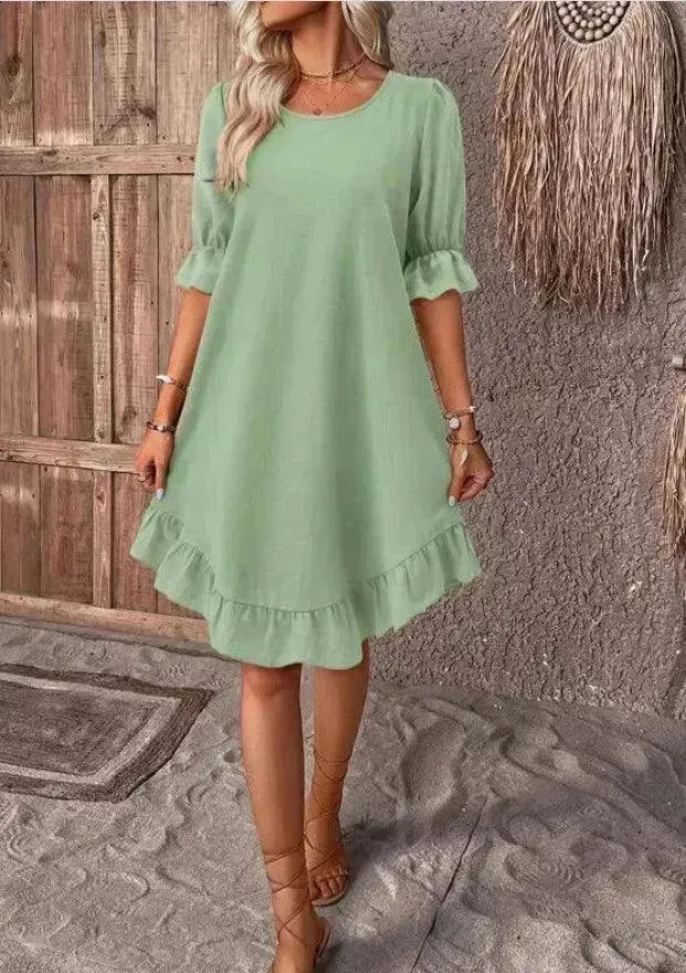 Fashion Ruffle Short-sleeved Dress Summer Solid Color Round Neck Loose Midi  Straight Dress for Women.