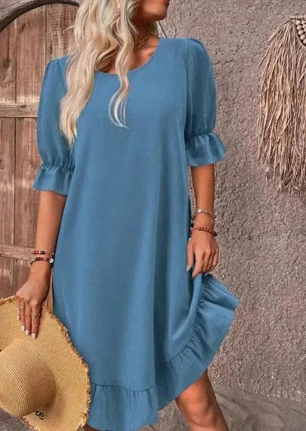 Fashion Ruffle Short-sleeved Dress Summer Solid Color Round Neck Loose Midi  Straight Dress for Women.