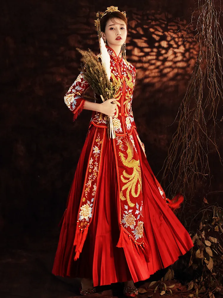 Floral & Phoenix Embroidery Pleated Skirt Traditional Chinese Wedding Suit