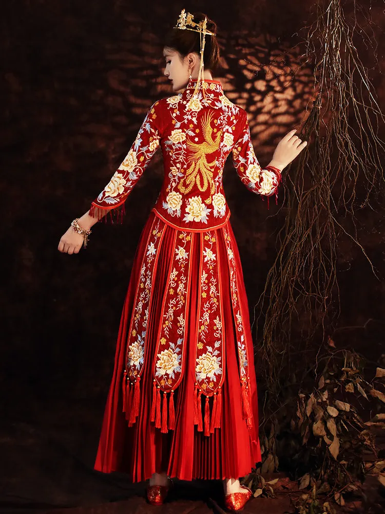 Floral & Phoenix Embroidery Pleated Skirt Traditional Chinese Wedding Suit